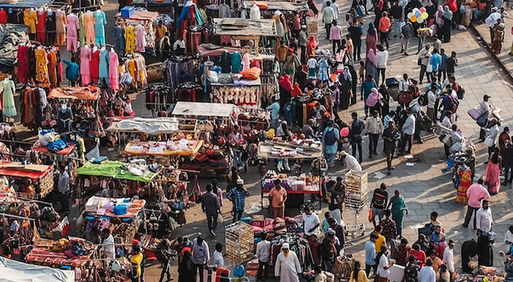 View of busy city market.